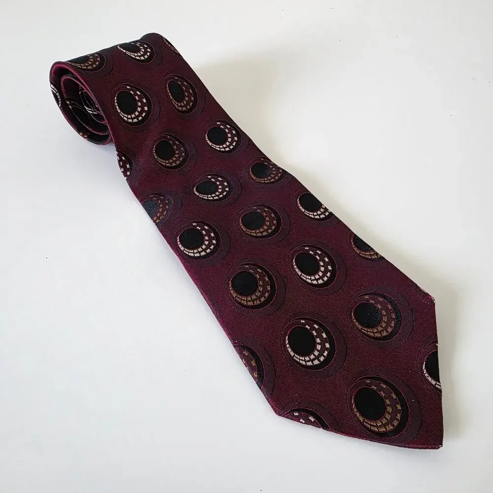 Hugo Boss Silk Tie Burgundy Geometric Circle Pattern Italy Designer Neck Tie